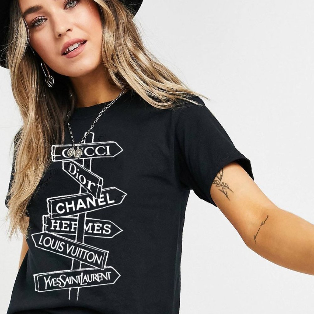 Designer Lane Fashion Names Black Womens T-Shirt NEW - Picture 2 of 3